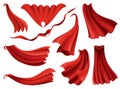 Superhero red capes. Scarlet fabric silk cloak in different position, front, side and top view. Carnival masquerade Royalty Free Stock Photo
