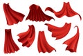 Superhero red capes. Scarlet fabric silk cloak in different position, front and side view. Carnival masquerade dress Royalty Free Stock Photo