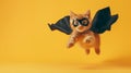 Superhero red kitten with a black cloak and mask jumping and flying on light blue background with copy space. The Royalty Free Stock Photo