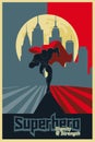 Superhero run from the city. Blue and red graphic poster.