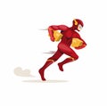 Superhero running carrying package courier express delivery service mascot symbol. cartoon flat illustration vector isolated in wh Royalty Free Stock Photo