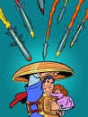 a superhero saves children. the anti-missile shield of Israel and other countries. Protecting civilians from terrorists