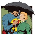 Superhero saves girl from rain. A hero holds an umbrella over a