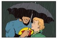 Superhero saves girl from rain. A hero holds an umbrella over a