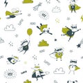 Superhero seamless pattern for kids. Cartoon vector illustration