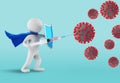 Superhero with shield fights against covid-19 virus. cyan background. 3d render