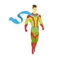 Superhero standing with cape waving in the wind. Pop art comic book style superhero vector poster design wall decoration