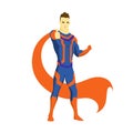 Superhero standing with cape waving in the wind. Showing gesture like. Pop art comic book style superhero vector poster