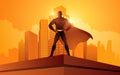 Superhero standing on the edge of a building with cityscape and skyscrapers as the background
