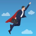 Superhero super successful businessman flying in the sky .