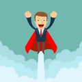 Superhero super successful businessman flying in the sky.