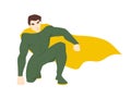 Superhero, superhuman or superman. Attractive man with muscular body wearing bodysuit and cape. Brave and strong