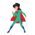 Superhero, superkid or supergirl. Cute girl with ponytail wearing bodysuit and cape. Confident and brave fantastic