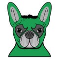 Superhero symbol as a French bulldog character in green with tangled hair