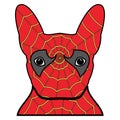 Superhero symbol as a French bulldog character in red and yellow covered with spider web