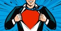 Superhero tearing shirt in style pop art comic book. Vector illustration