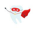 Superhero tooth. Happy healthy tooth in a red cloak. Vector illustration