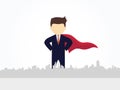 Superhero in traditional costume over big city. Vector illustration for business design and infographic.