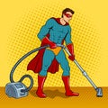 Superhero with vacuum cleaner pop art vector