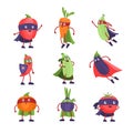 Superhero vegetables. Funny cartoon comic healthy vegetable, vegan characters with masks and capes, vegetarian winners