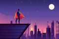 Superhero watching over the city from the roof of a tall building at night Royalty Free Stock Photo