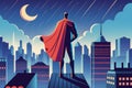 Superhero watching over the city from the roof of a tall building at night Royalty Free Stock Photo