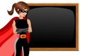 Superhero woman crossed arms blank blackboard or chalkboard