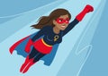 Superhero woman in flight. Attractive young African American woman wearing superhero costume with cape, flying through air in sup
