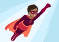 Superhero woman in flight. Attractive young African American woman wearing superhero costume with cape, flying through air in sup