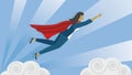 Superhero woman flying above the clouds. Vector illustration.