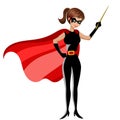 Superhero woman holding stick teaching isolated