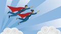 Superhero woman and man flying above the clouds. Vector illustration. Royalty Free Stock Photo