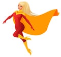 Superhero woman in red outfit flying. Cartoon vector illustration isolated on white background.