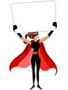 Superhero woman standing holding blank banner isolated