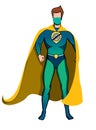 Superhero in yellow cape and protective face mask