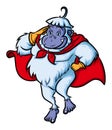 The superhero yeti is flying with a robe