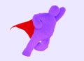 Superhero yeti in red cape flying in hero pose 3d render. Sasquatch cartoon character, funny hairy monster, super hero