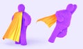 Superhero yeti stands in gold cape back view and flying in hero pose, 3d render icons set. Snow man character, funny