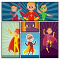 Superheroes banners. Kids heroes characters in action poses comic super persons colored vector cartoon mascot
