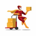 Superheroes courier with trolley package box shipping to customer. delivery service business mascot illustration vector Royalty Free Stock Photo