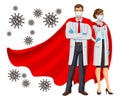 Superheroes Doctors. Female and male heroes doctors wearing red cloaks, protective gloves and mask. Protection against Caronavirus Royalty Free Stock Photo