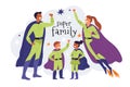 Superheroes family. Happy strong parents with children posing together in heroic costumes. Cartoon smiling people Royalty Free Stock Photo