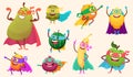 Superheroes fruits collection. Characters healthy vegetables comics style action poses garden food vector mascot