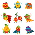 Superheroes fruits in different costumes set of colorful vector Illustrations