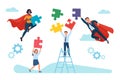 Superheroes helps business people solving problems. Office workers and heroes join puzzle. Teamwork and leadership. Work Royalty Free Stock Photo