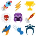 Superheroes set. Elements of costumes, superheroes items.