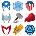 Superheroes set. Elements of costumes, superheroes items.