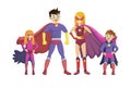 Superheroes smiling parents and their children stand showing muscles