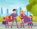 Superheroes smiling parents and their children stand showing muscles