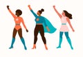 Superheroes women characters. Wonder female hero character in superhero costume with waving cloak disguise fitness female muscular Royalty Free Stock Photo